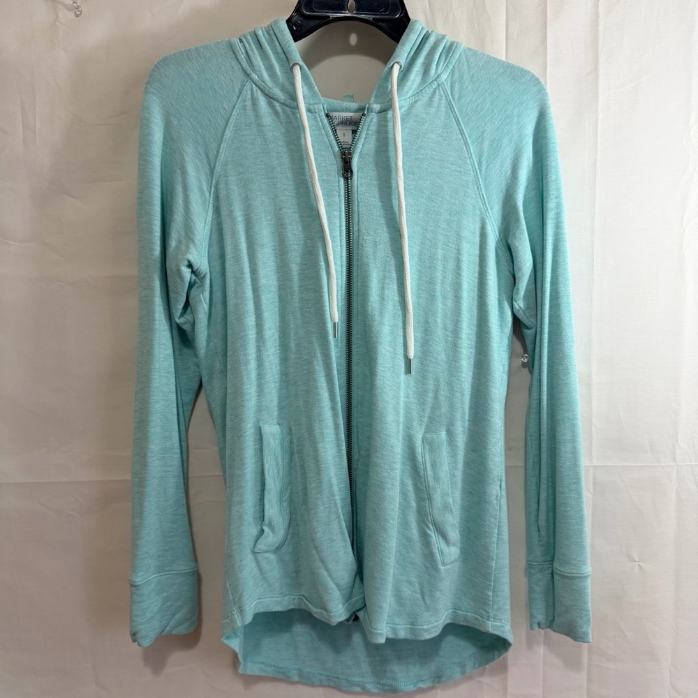 Market & Spruce Women’s Mavian Hi Low Hooded Zip Up Jacket Teal Small